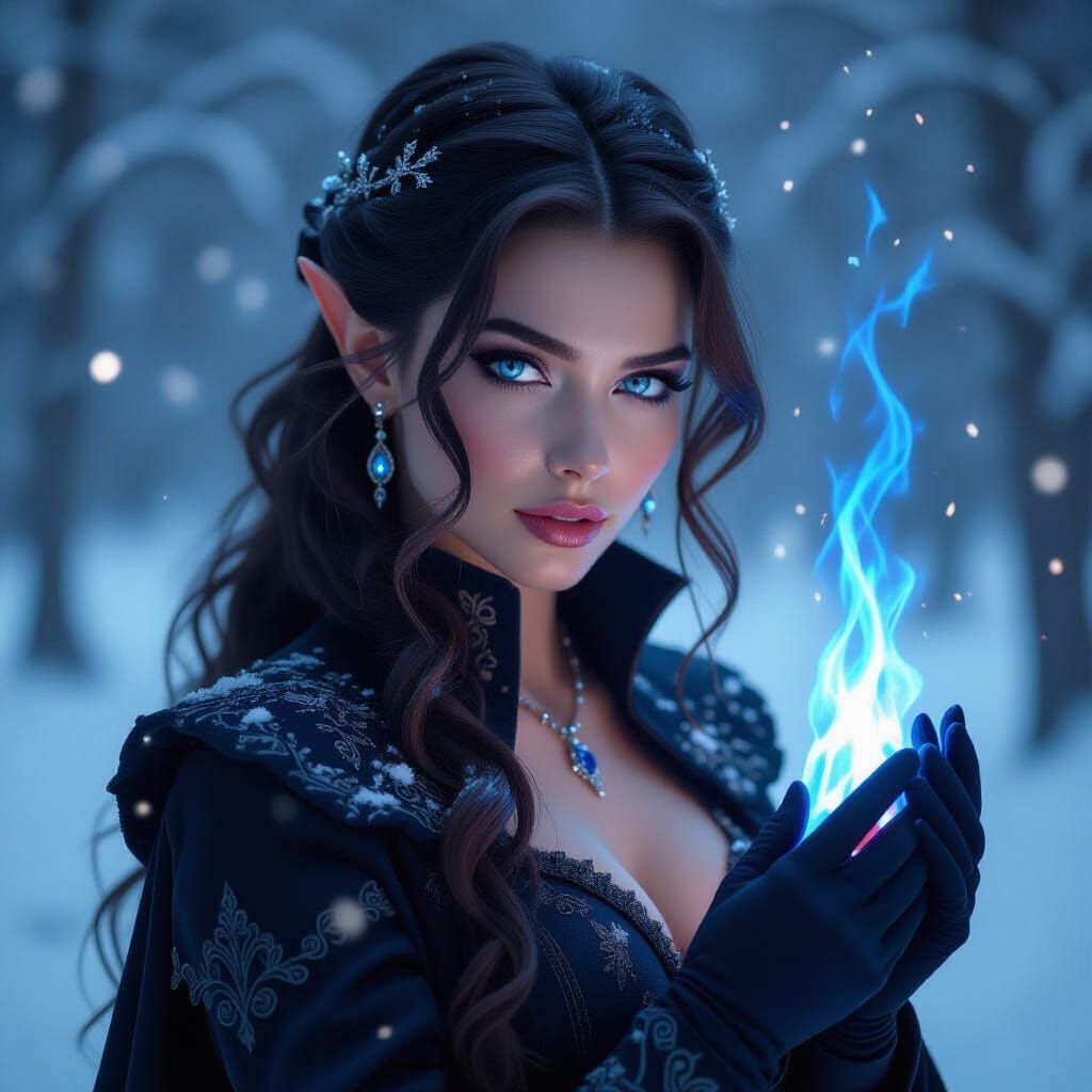 Enchanting Woman in Winter Forest, Hyperrealistic Style