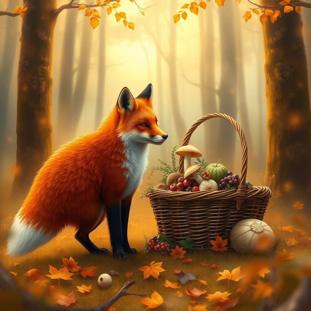 Red Fox in Golden Forest with Mushroom Basket