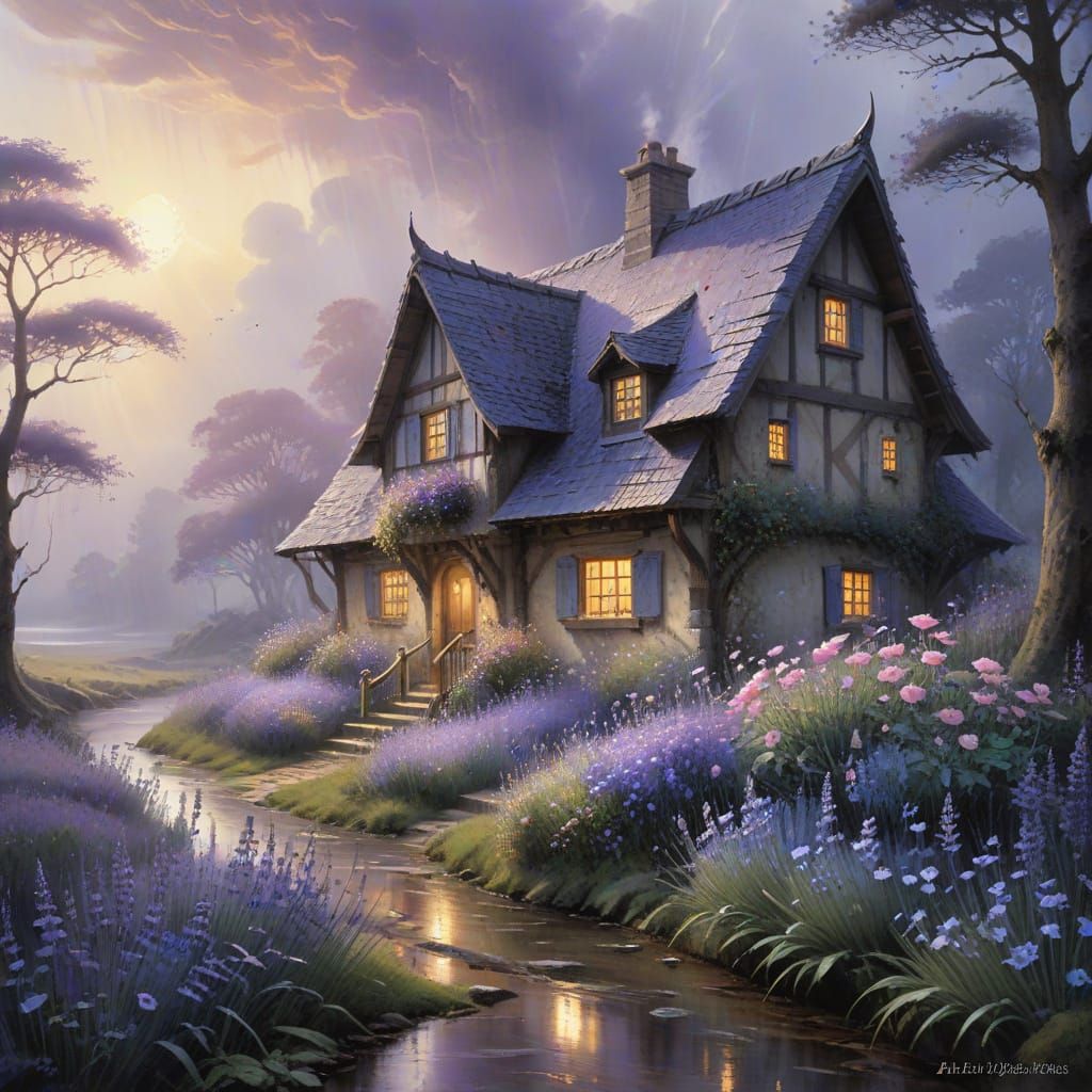 Charming Cottage in Rain-Kissed Fantasy Landscape
