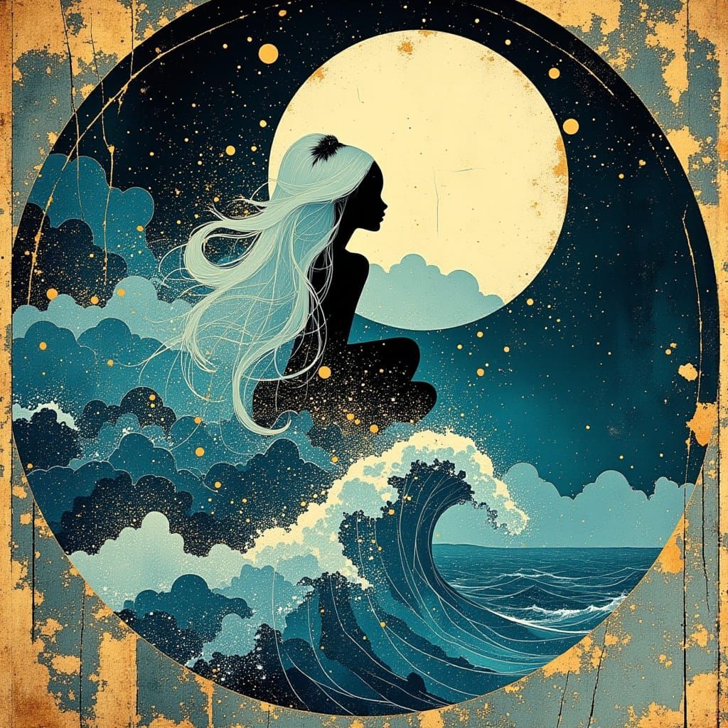 Goddess Emerging from Ocean Waves in Dreamy Cyberpunk Style