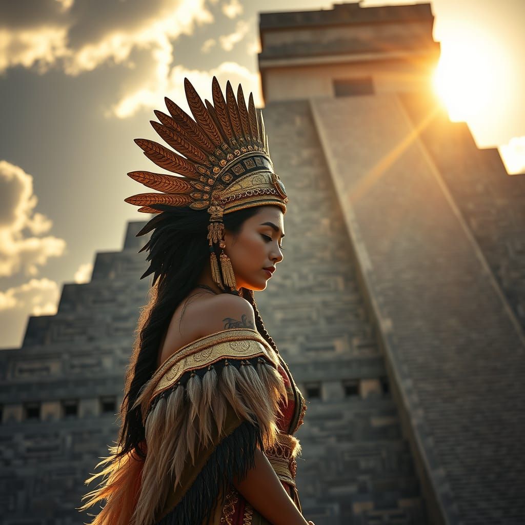 Aztec Princess in Golden Reverence Before Pyramid Sun