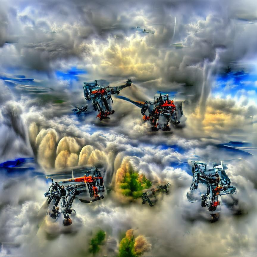 Aerial Mechs Duel in the Clouds