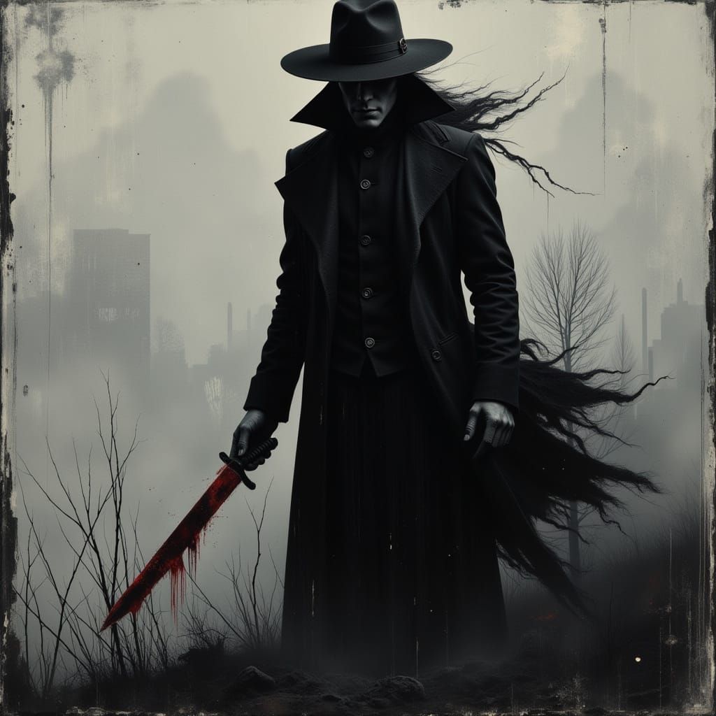 Mysterious Figure with Bloody Knife in Noir Style