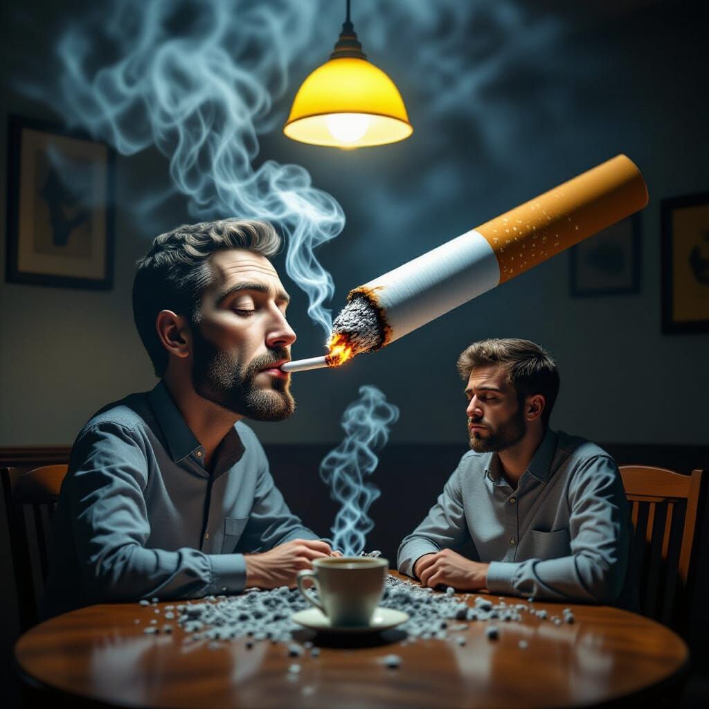 Man Crumbling to Ashes from Giant Smoking Cigarette