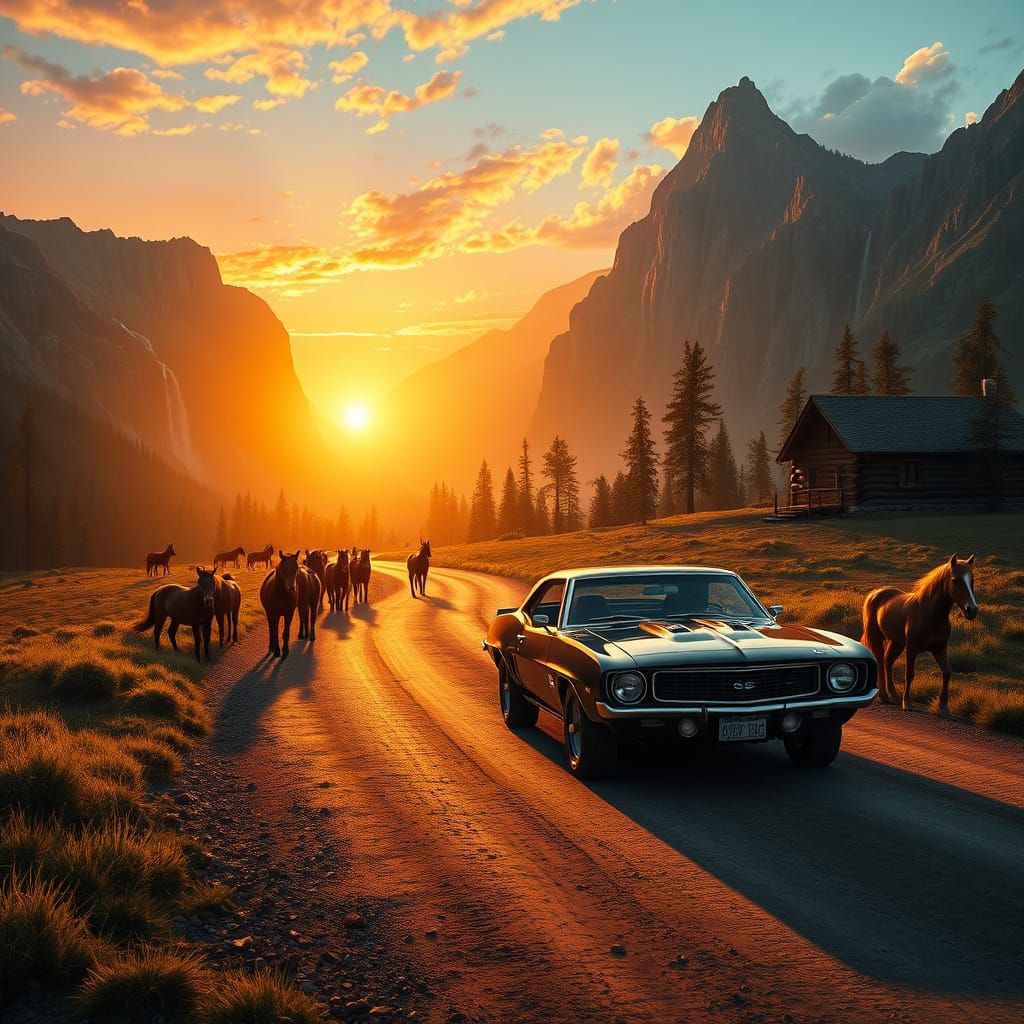 Vintage Black Camaro Surrounded by Wild Horses and Majestic ...