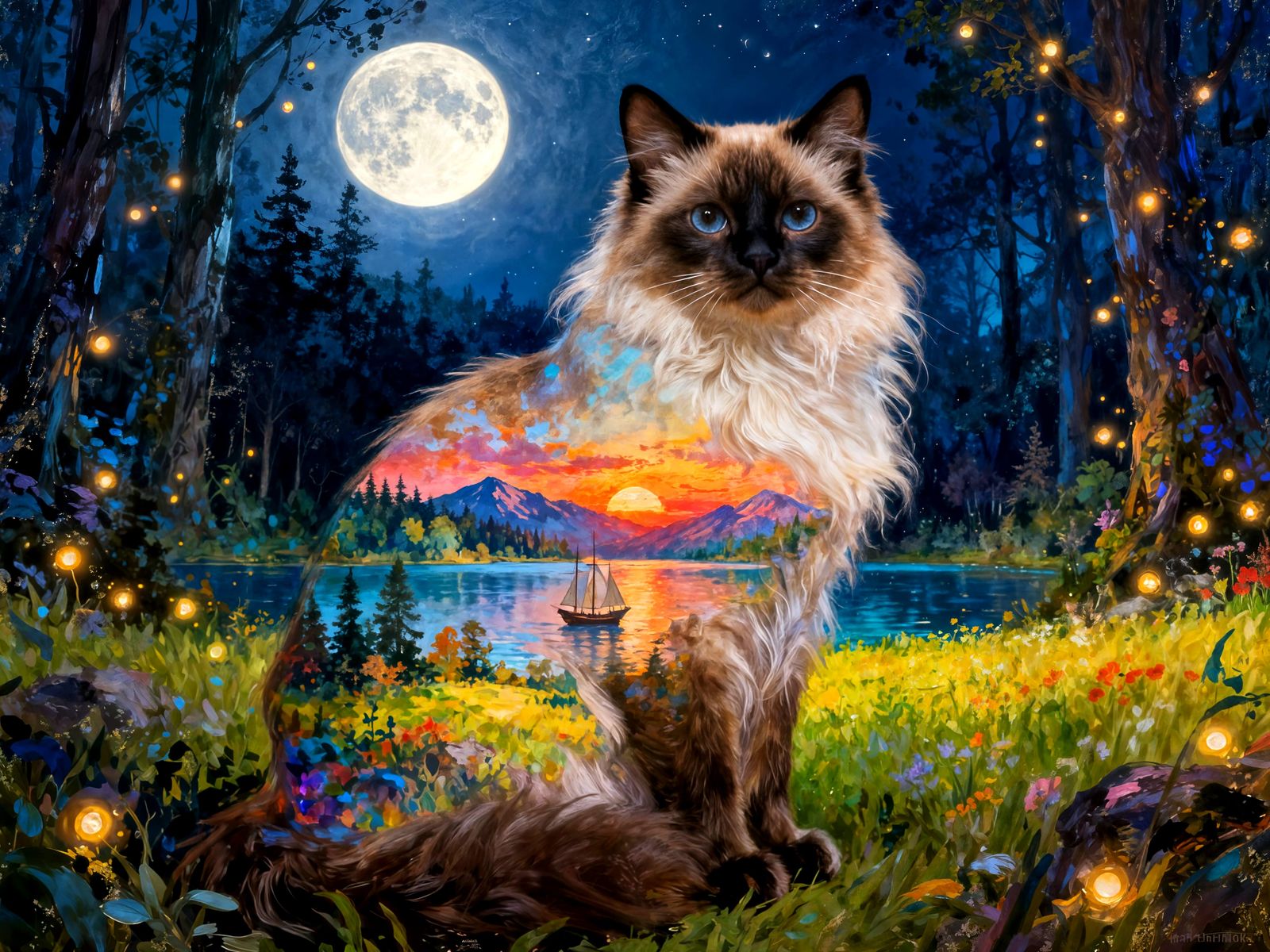 Siamese Cat Double Exposure with Enchanted Forest Landscape