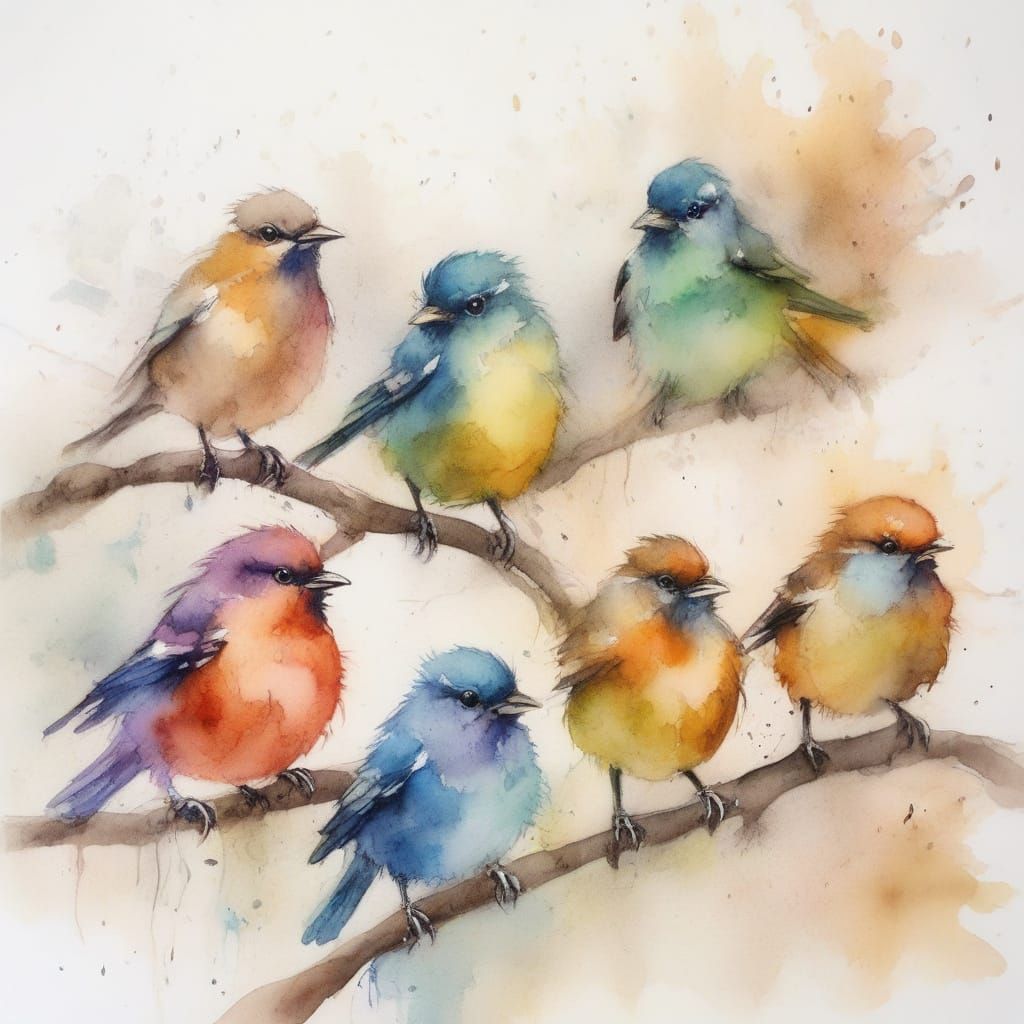Colorful Birds on Branch in Watercolor Splash Art