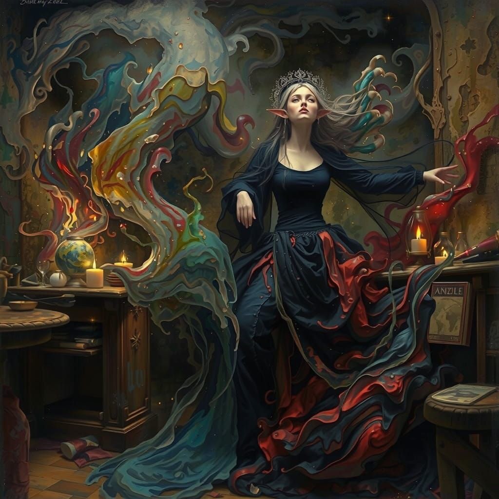 Mystical Being Embraced by Swirling Ink Flows