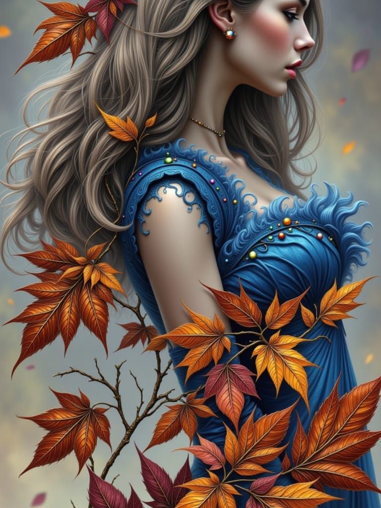 Autumn Goddess in Flowing Dress with Falling Leaves