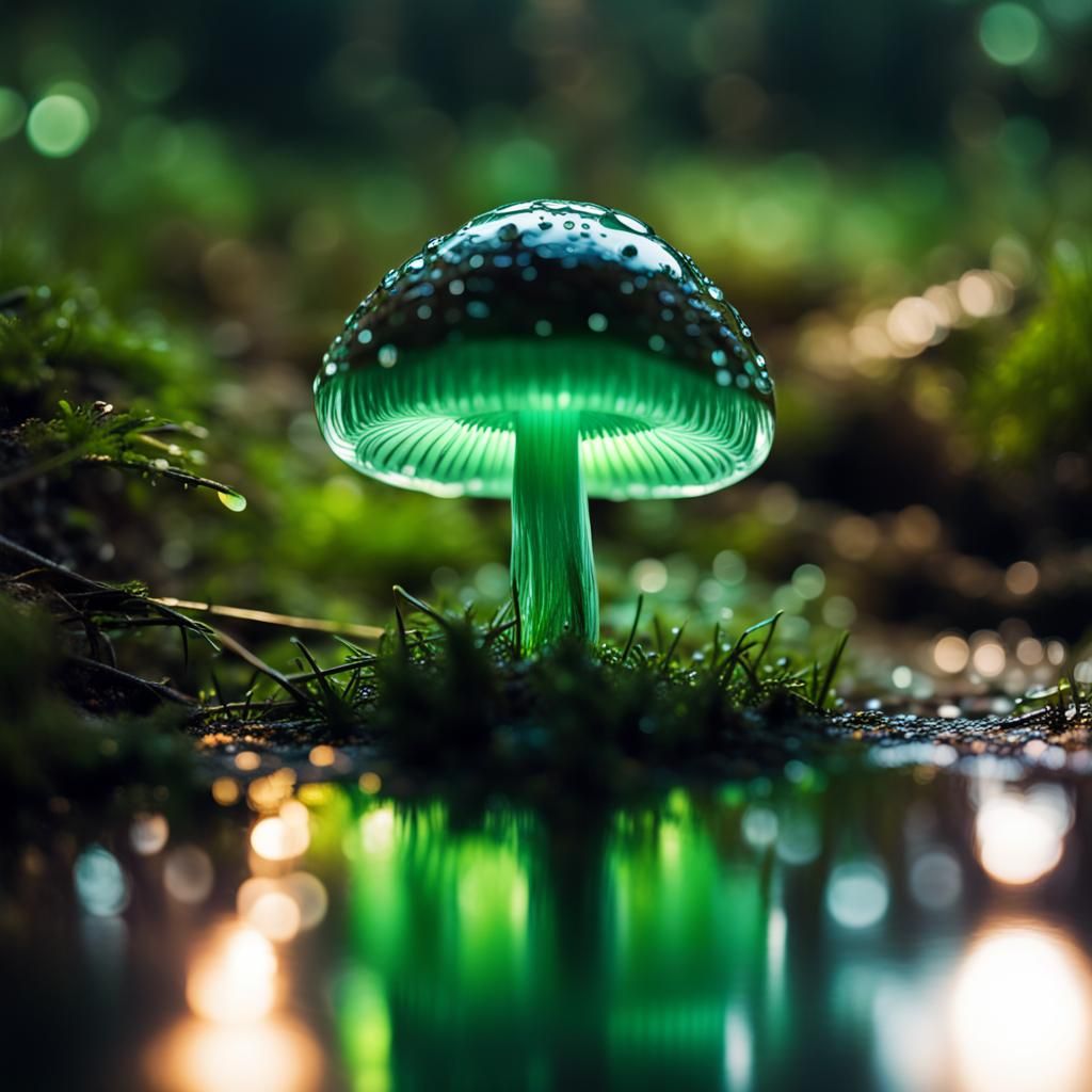 Glowing Crystal Mushroom in Dark Forest, Digital Art