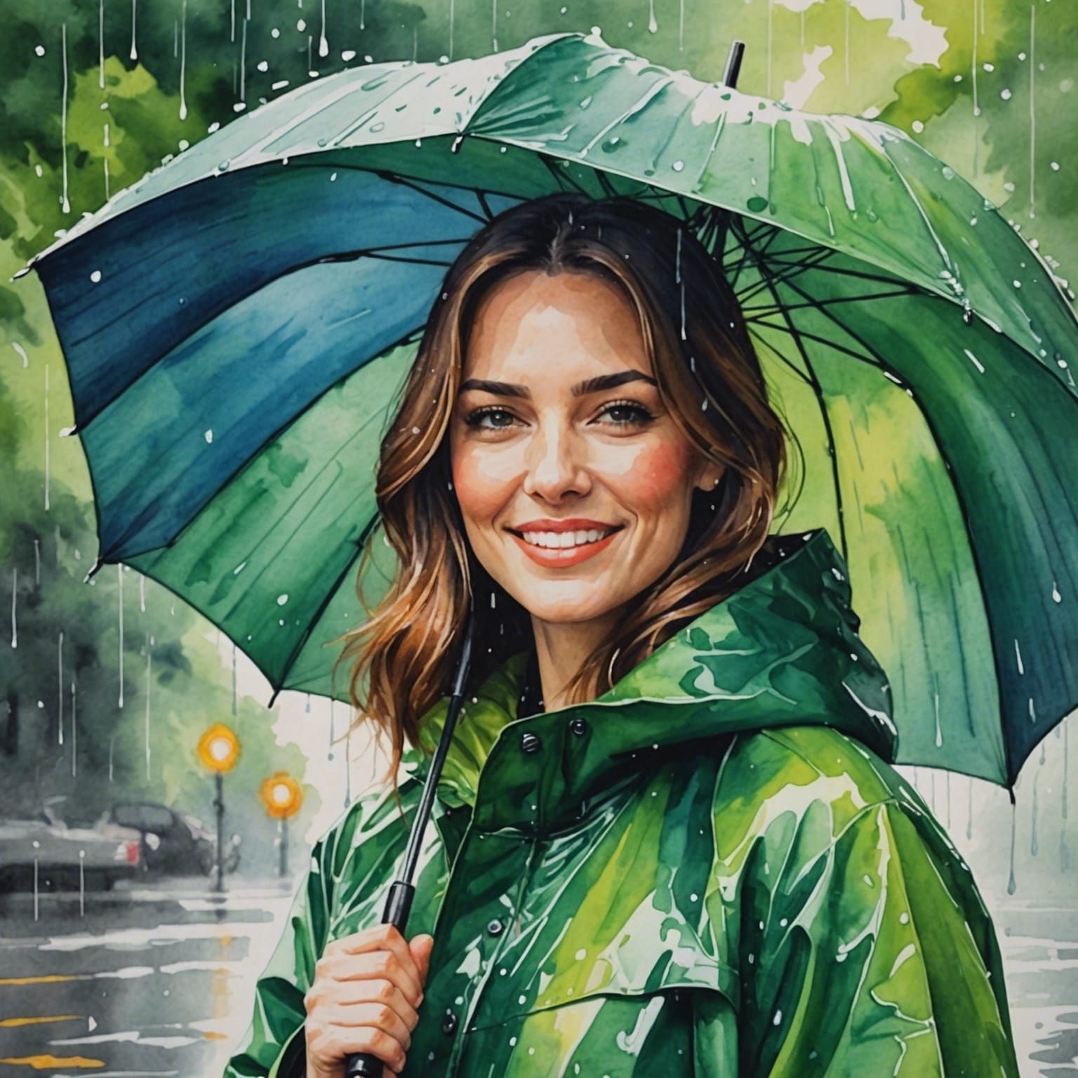 Woman in Green Raincoat, Watercolor Painting