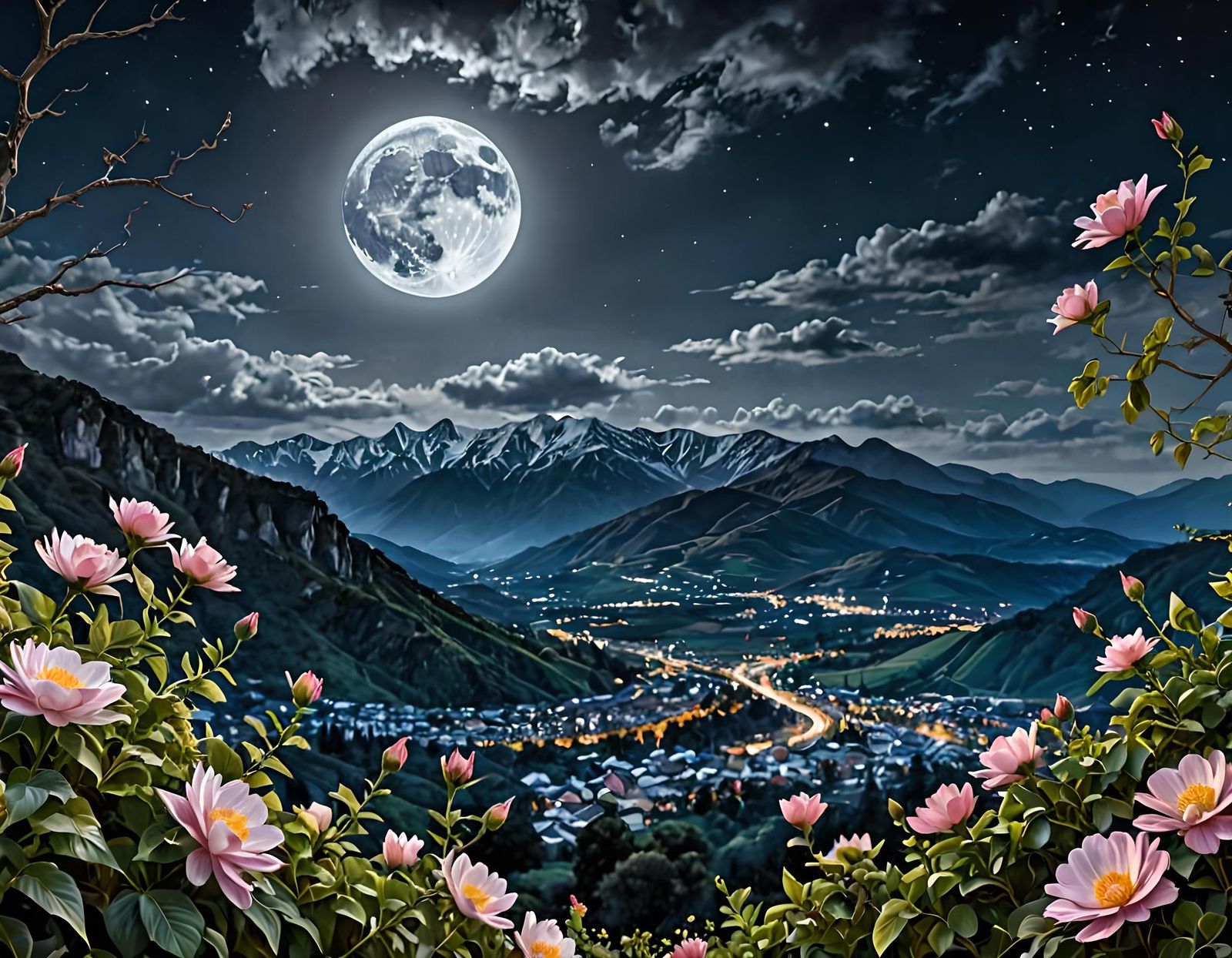 Glowing Moon Over Mountains in Watercolor Style