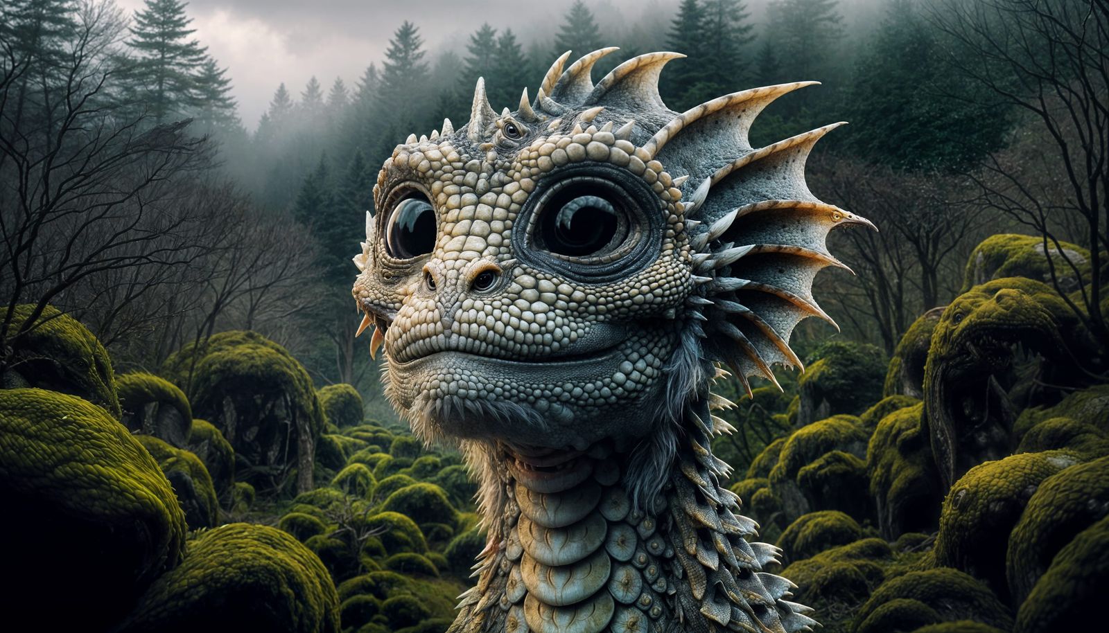 Hyperrealistic Dragon-Human Hybrid in Cloudy Forest