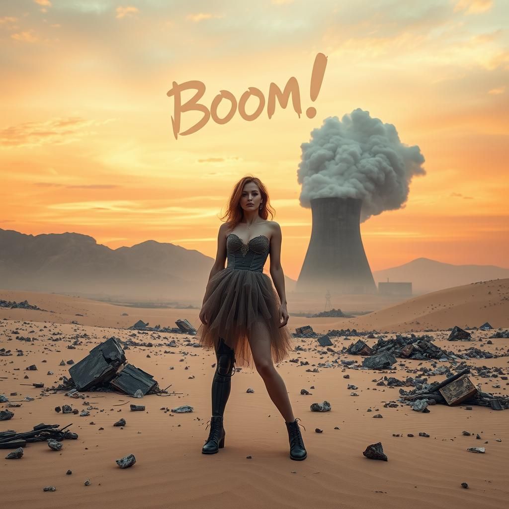 Post-Apocalyptic Woman Poses Before Exploding Plant