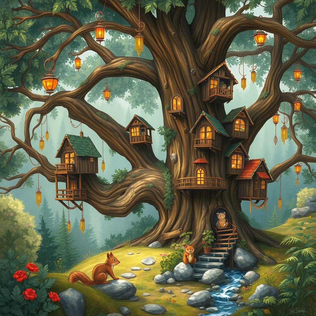 Whimsical Treehouse Village in Sequoia, Impressionistic Styl...