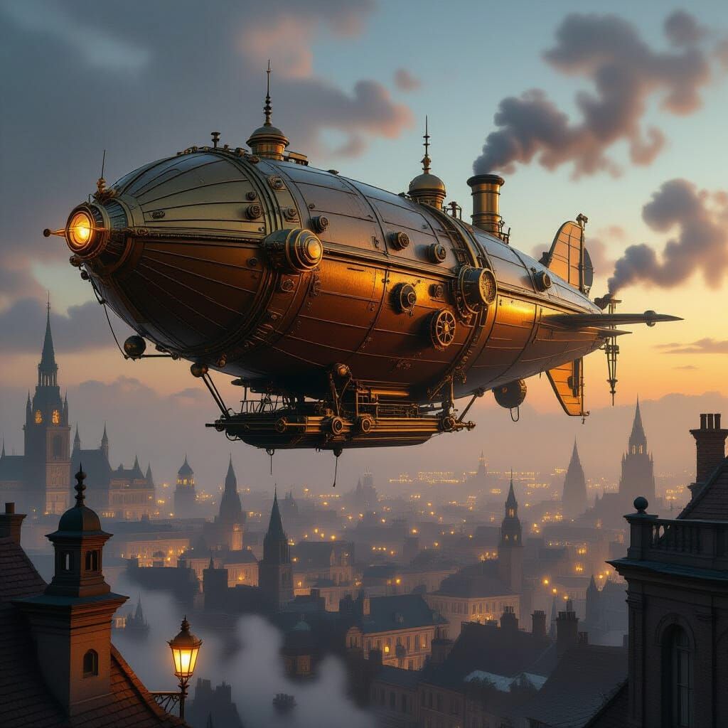 Steampunk Airship Over Victorian City at Dusk