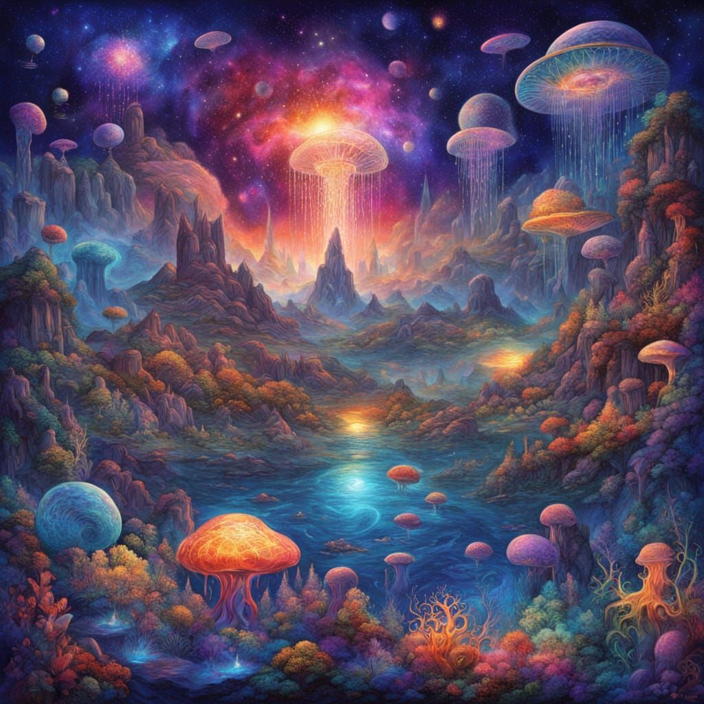 Surreal Cosmic Underwater City in Vibrant Iridescent Hues