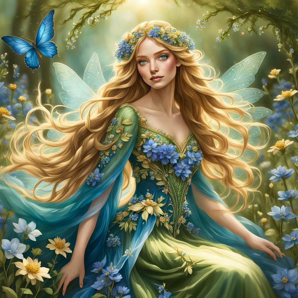 Fairy in Sunlit Meadow with Flowers