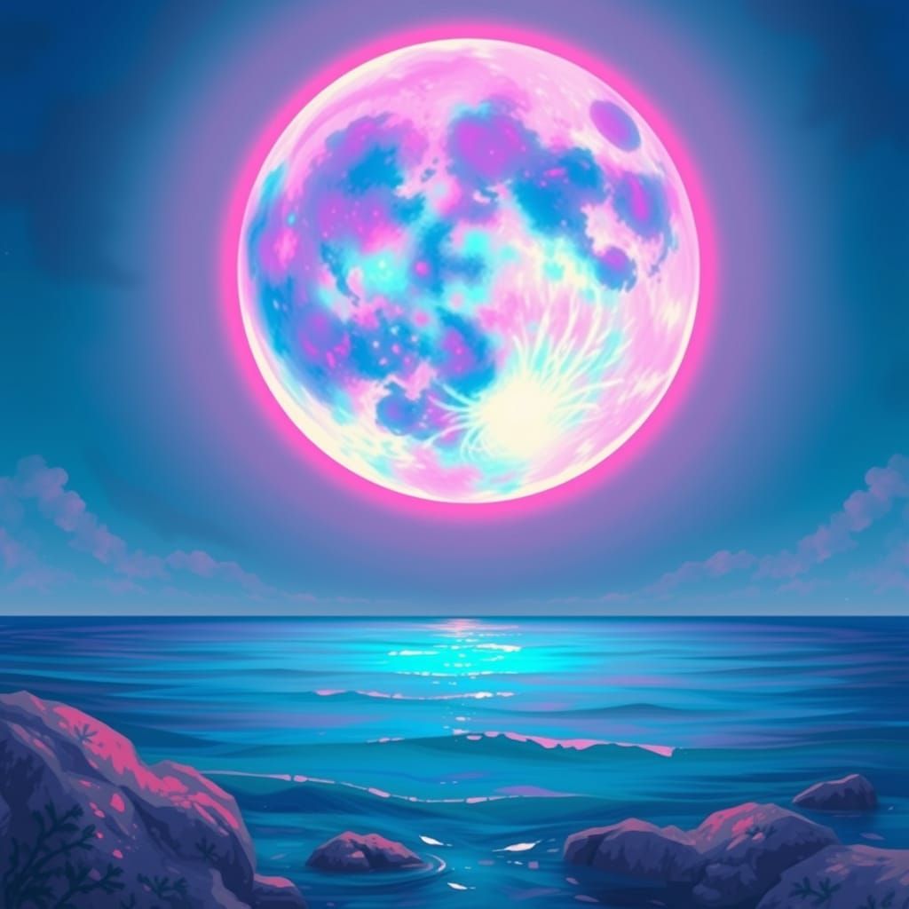 Vibrant Moon Over Turquoise Sea in Romantic Style