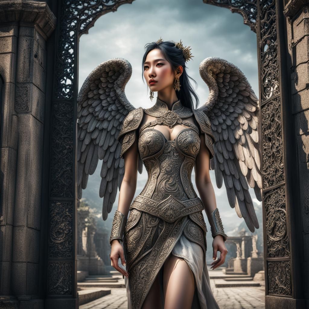 Beautiful Asian angel with model body stands at havens gate