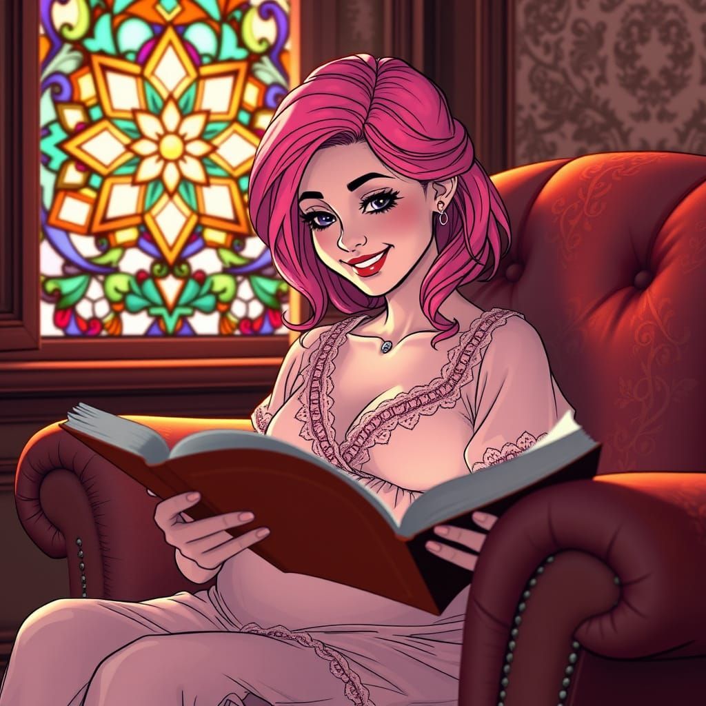 Sensual Art Nouveau Woman Reads in Velvet Armchair