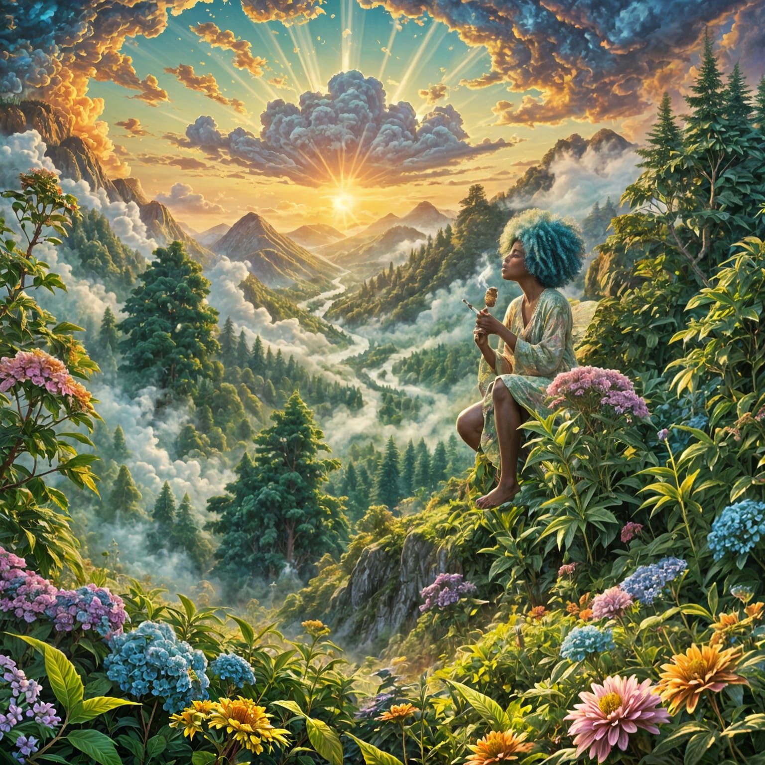 Sunrise Fairy Smoking on Flower Hill: Ethereal Fantasy