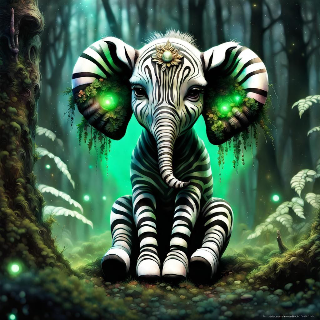 Enchanted Zebra-Elephant in Luminescent Forest