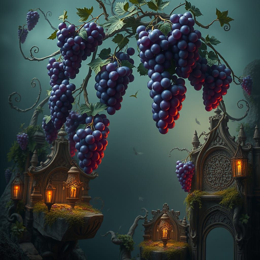 Surreal Grapes Bloom in Mid-Air, Surrounded by Ancient, Floa...