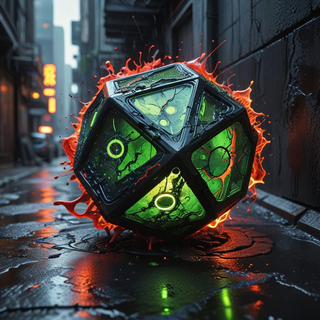 Cyberpunk Dodecahedron Oozing Black Fluid in Alley