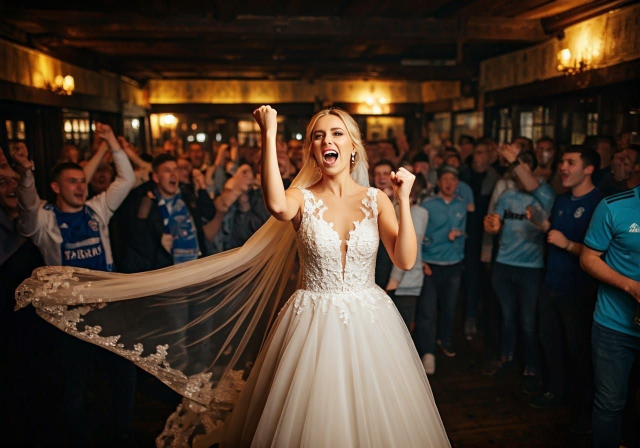 Bride Cheers with Soccer Fans in English Pub