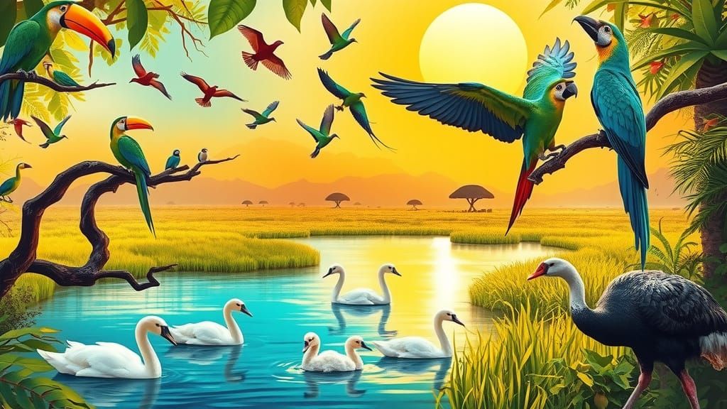 Exotic Birds in Vibrant Rainforest Scene