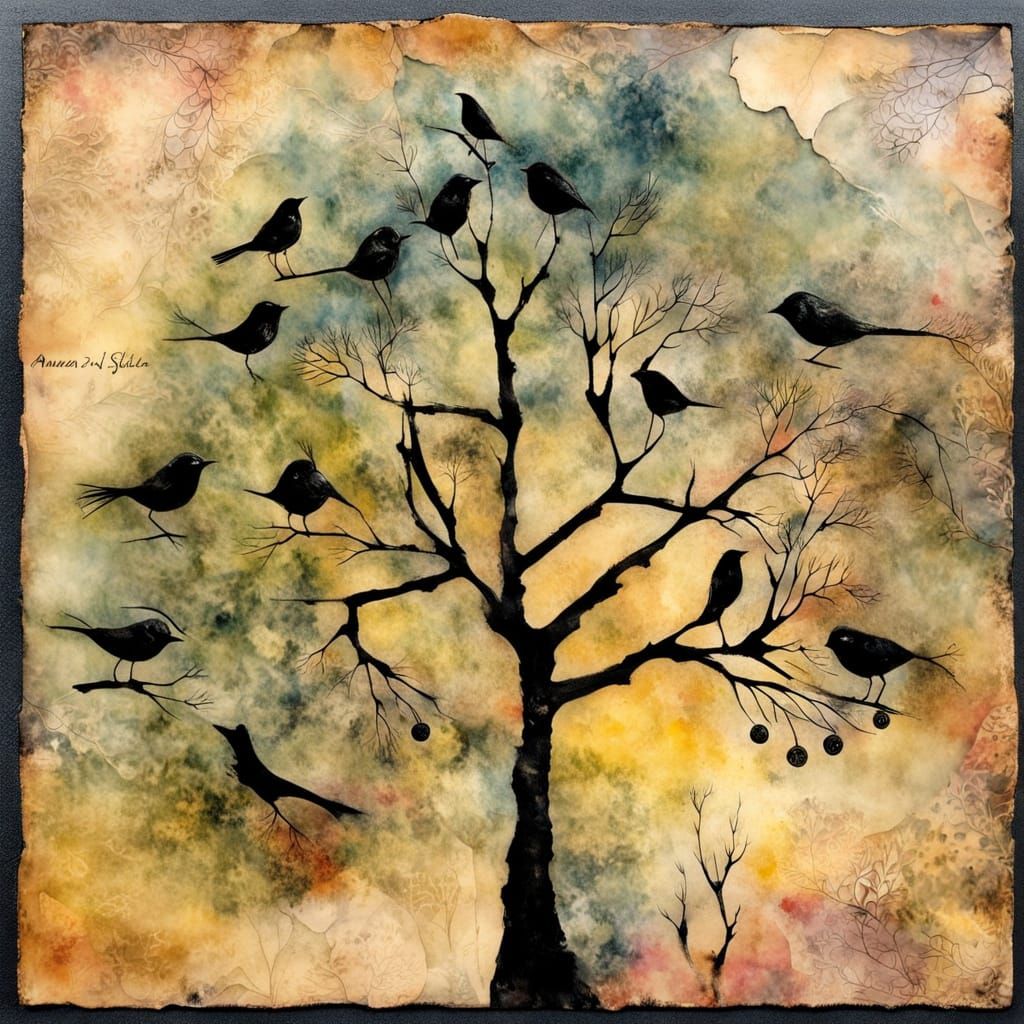 Encaustic Tree Sprouts in Art Deco Watercolor