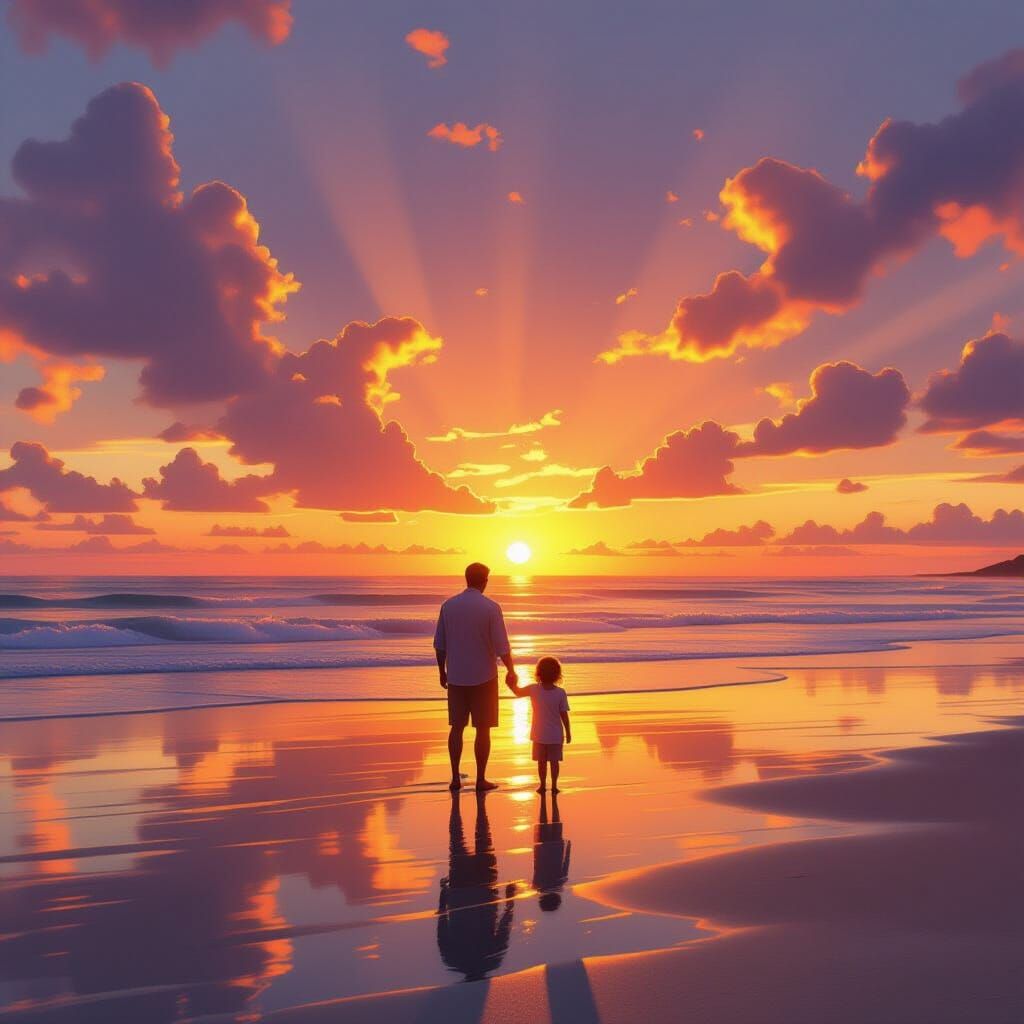 Majestic Sunrise on Beach with Adult and Child Silhouettes