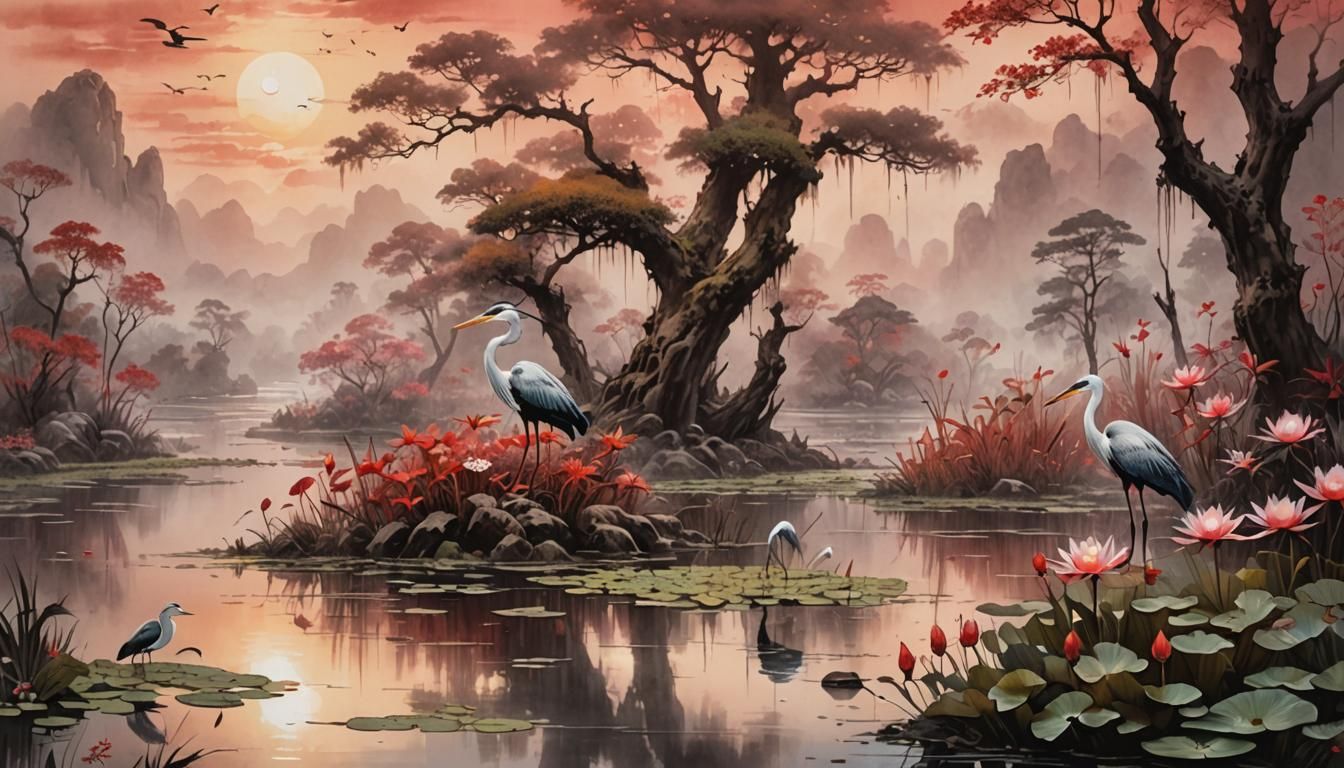 Red Swamp Heron in Chinese Ink Art