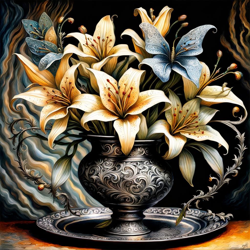Forged Metal Lilies in Fantasy Art Style