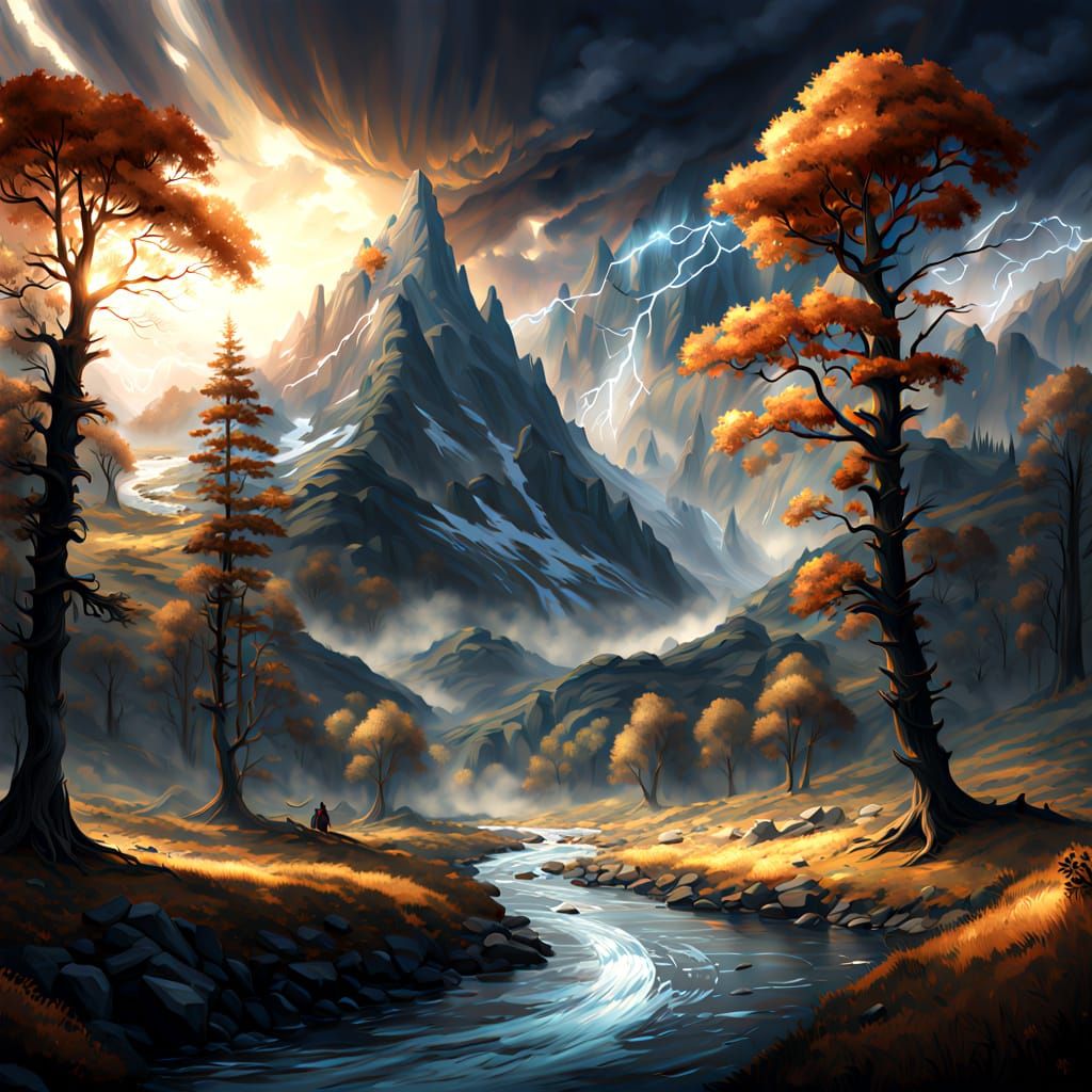 Turbulent Sky Over Majestic Mountains and River