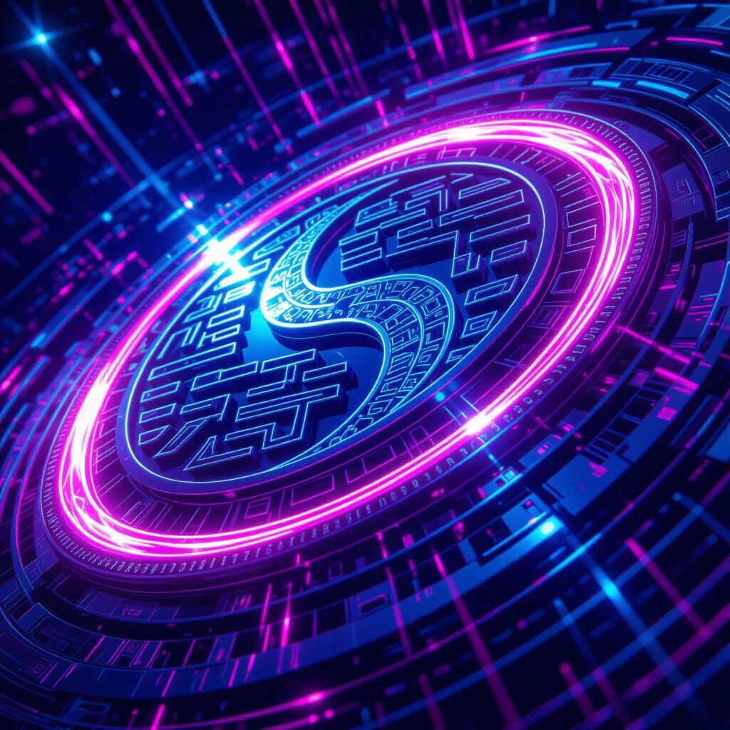 Cyberpunk Mechanical Taijitu Emblem with Cosmic Trails