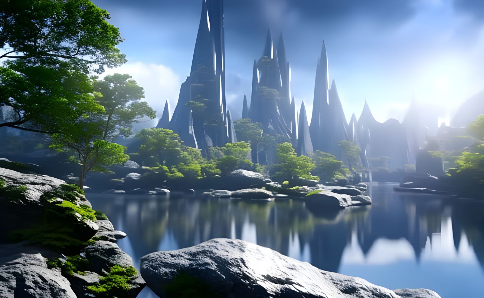 Futuristic Marble City in Enchanted Forest