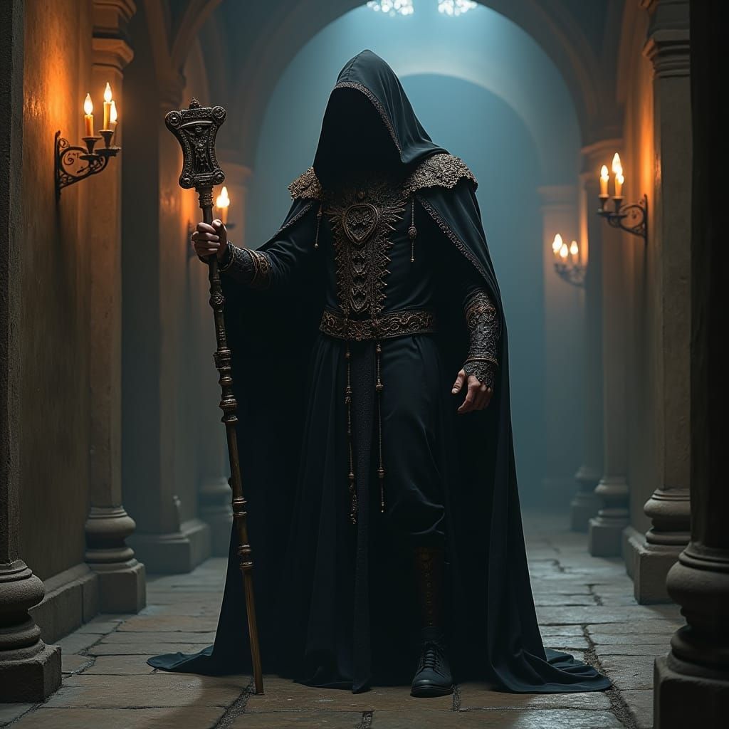 Mysterious Sorcerer in Dark Gothic Ambiance