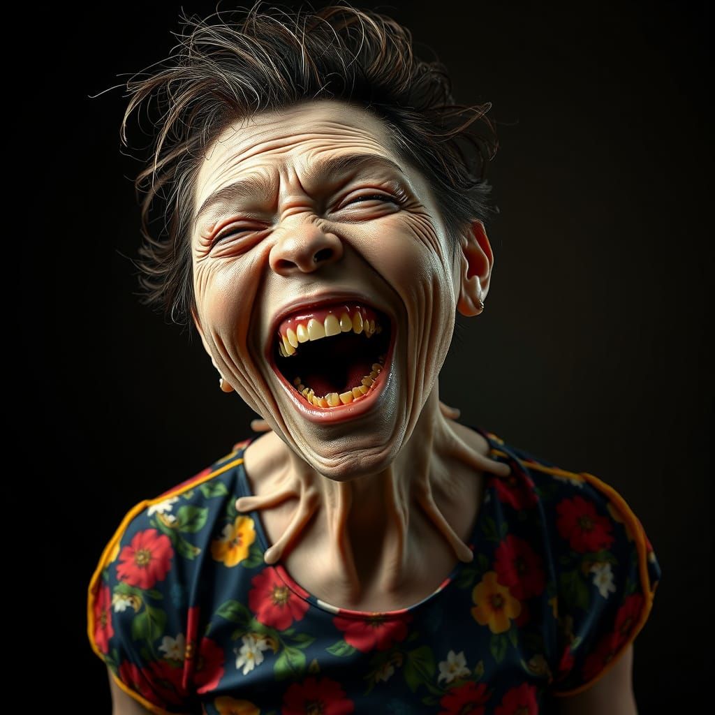 Ultra Realistic Portrait of a Deformed Woman Laughing
