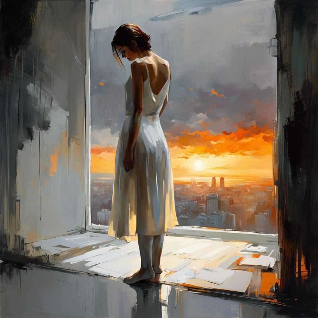 Sunset Silhouette: Sad Girl in White Room