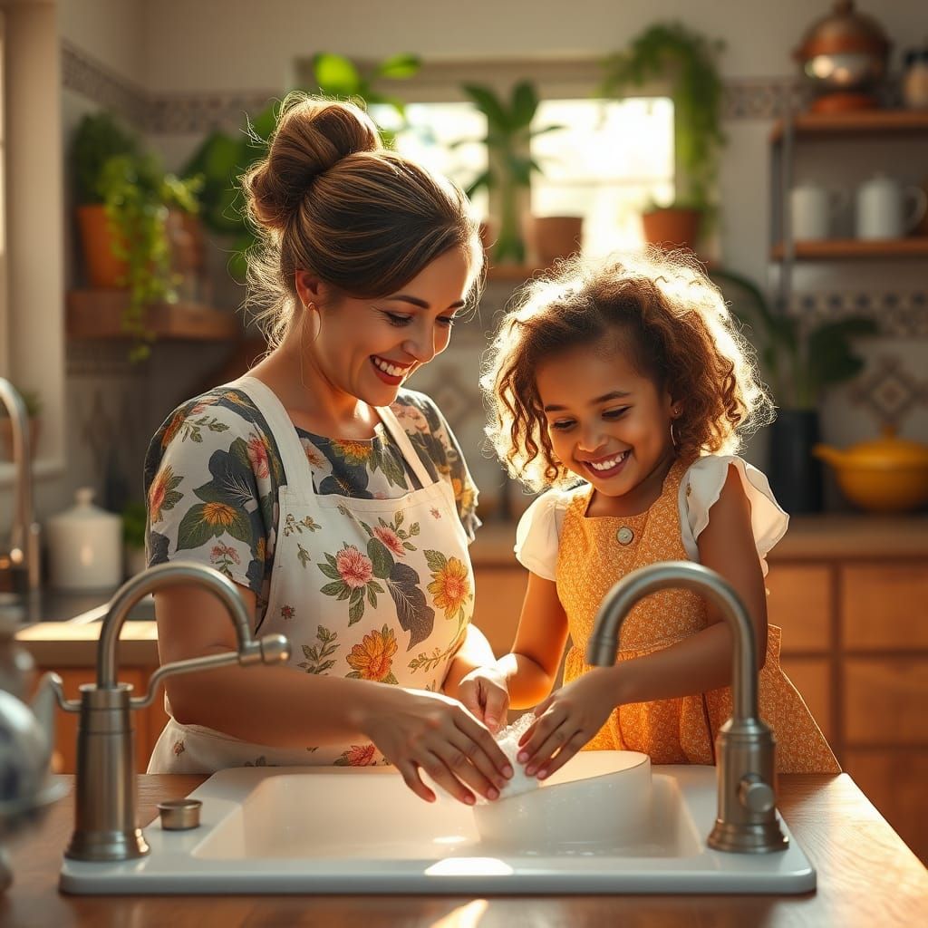 Heartwarming Kitchen Scene in Splash Art Style