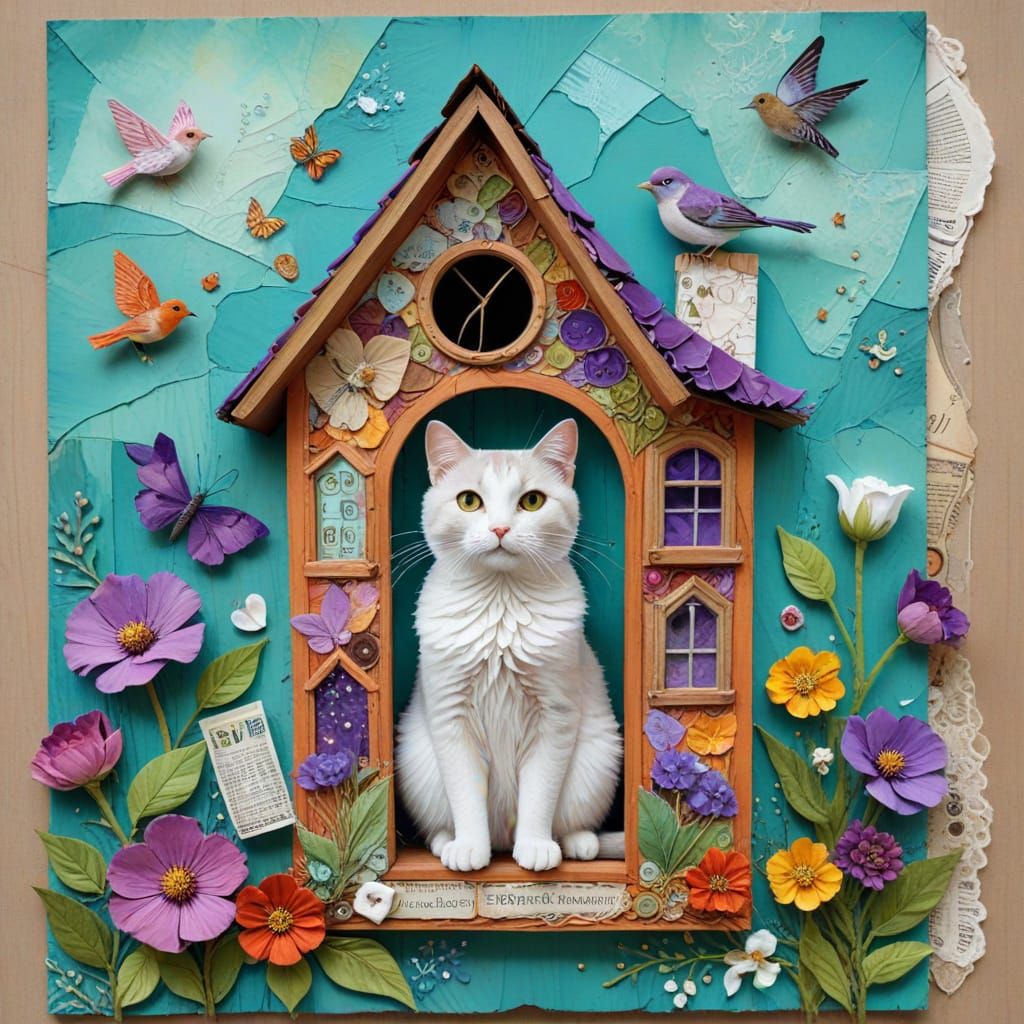 Whimsical Cartoon Cat Amidst a Colorful Floral Street