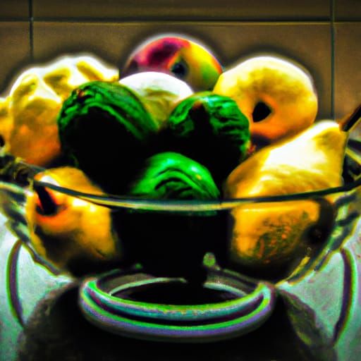 Apples, peaches, pears, limes, and lemons in a fruit bowl on...