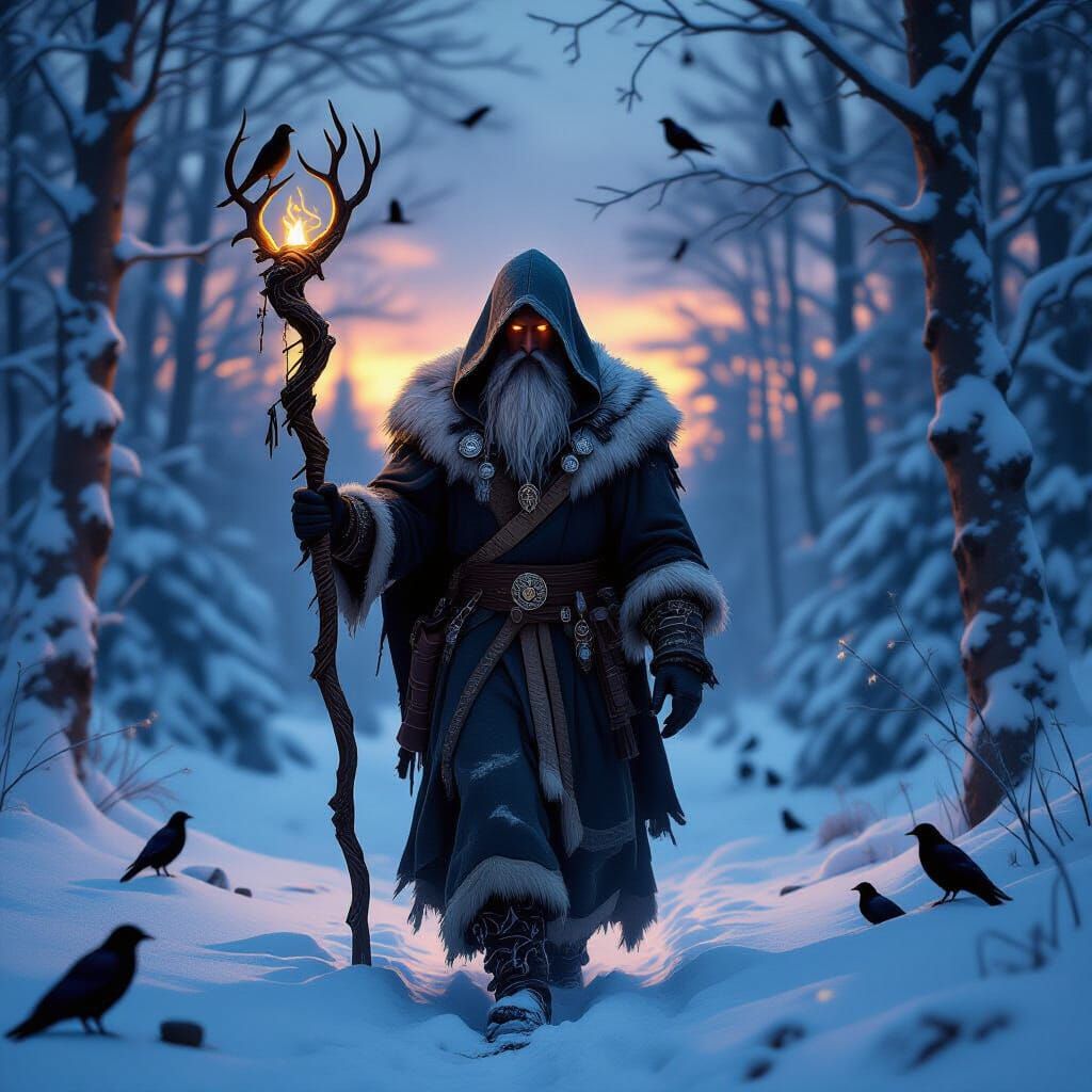 Ancient Winter God Wanders Snowbound Forest at Dusk