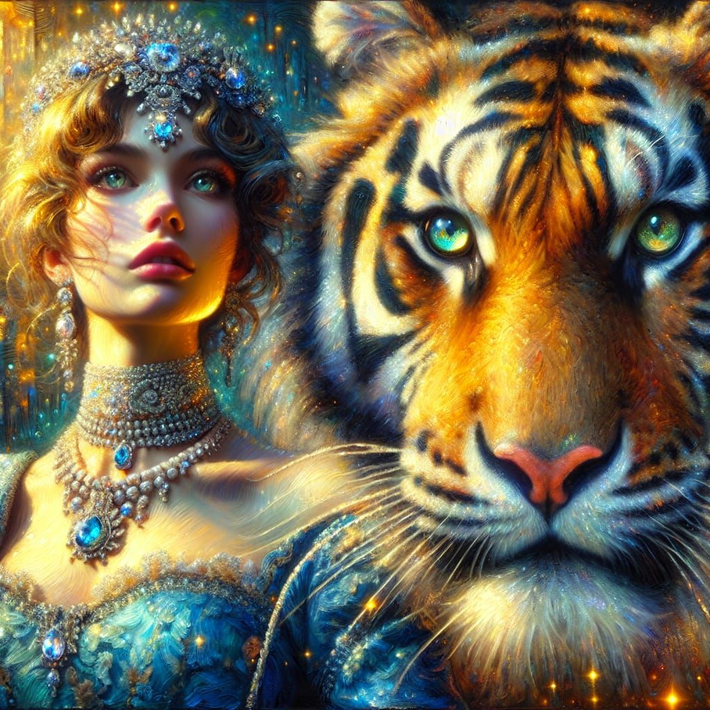 Regal Woman and Tiger in Romantic Style