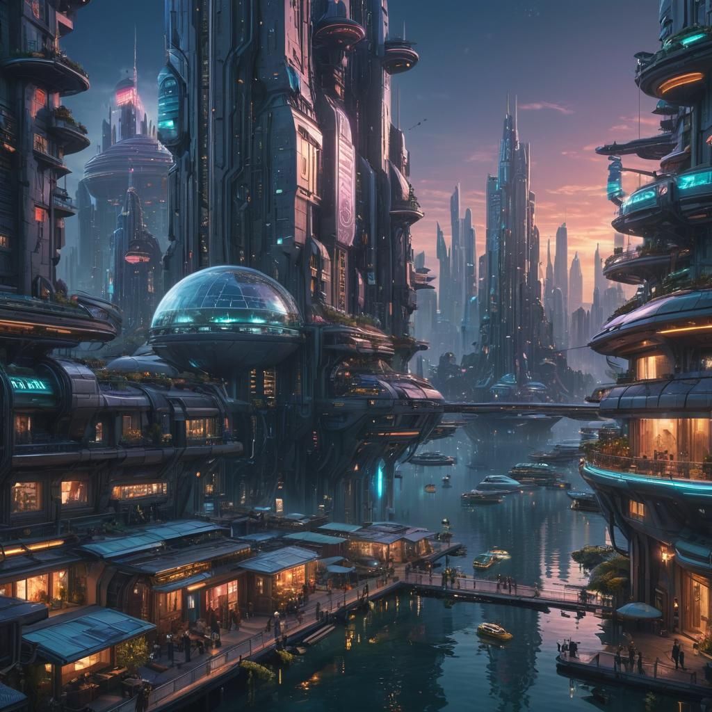 Futuristic Utopia Cityscape with Diverse Inhabitants