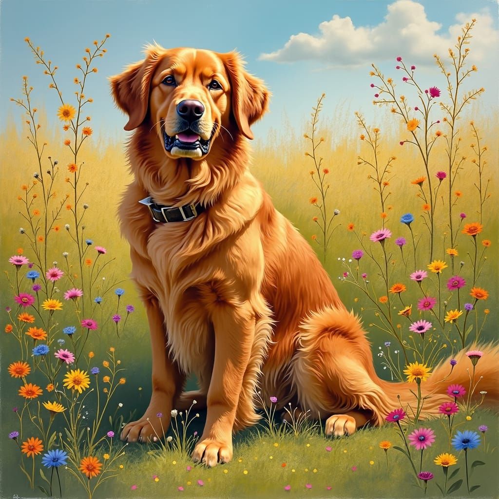 Cinnamon Golden Retriever in Impressionist Meadow