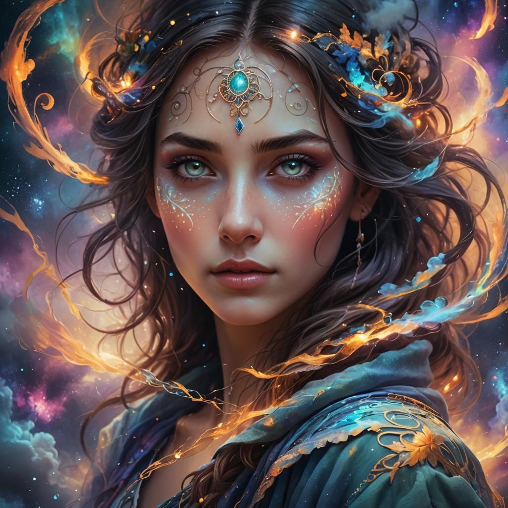 Dreamy Woman Portrait with Glowing Runes