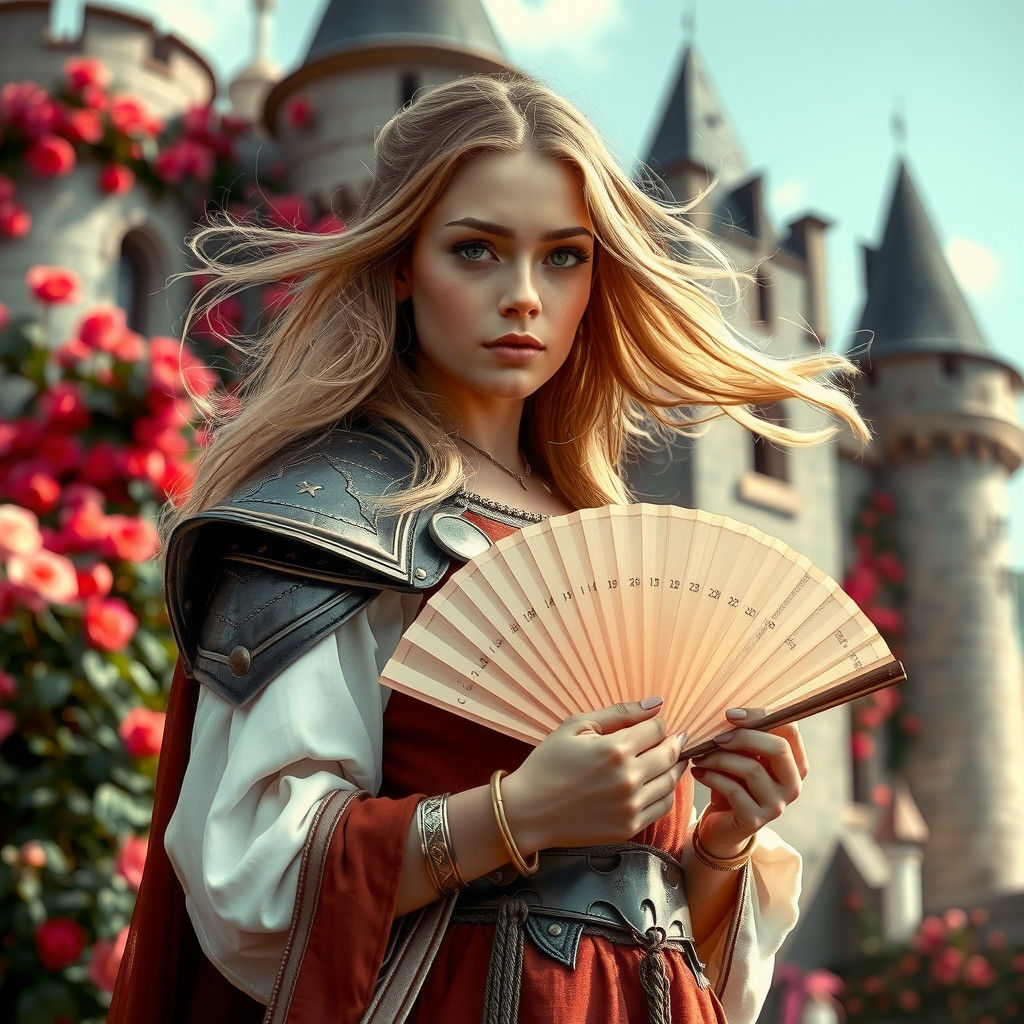 Elle fanning wanna be as a medieval knight in front of a castle.